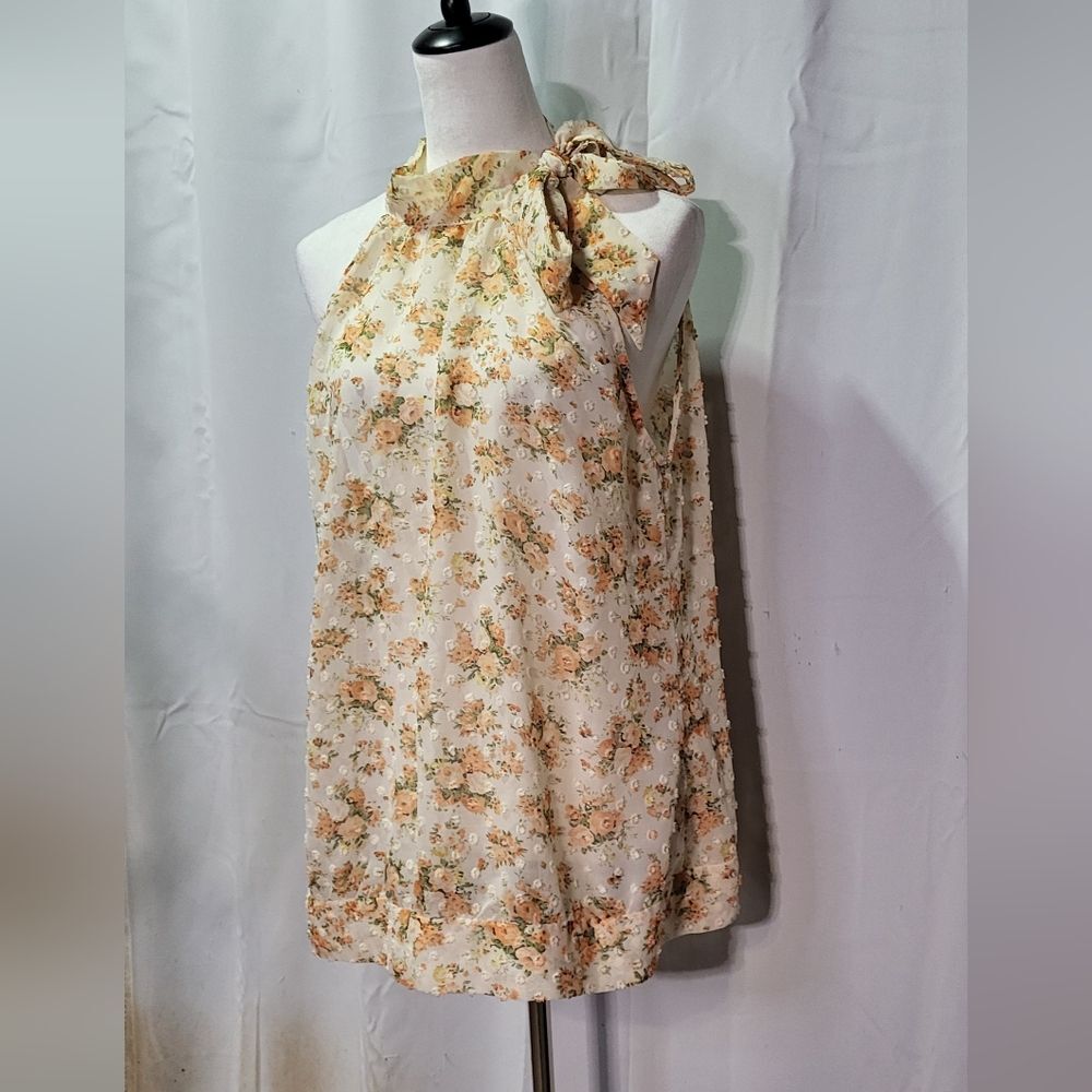 R&MY Women's Cream Sheer Floral Swiss Dot Sleeveless Blouse/Tank Top Size XL EUC - Picture 4 of 8